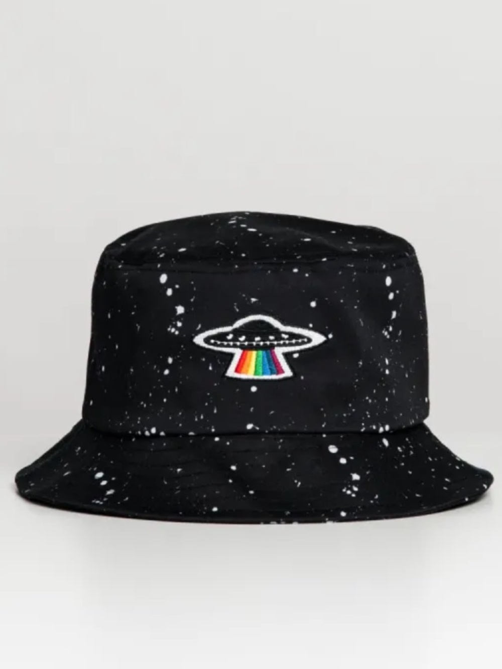 Kolby 3D Alien Speckled Black Bucket Hat with Stars and Rainbow UFO Patch Space